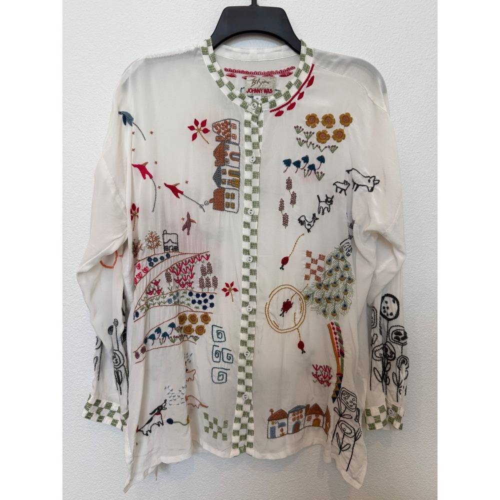 Biya by Johnny Was Cartagena Silk Embroidered Folk Art Blouse White B19222-E XS - Picture 2 of 7